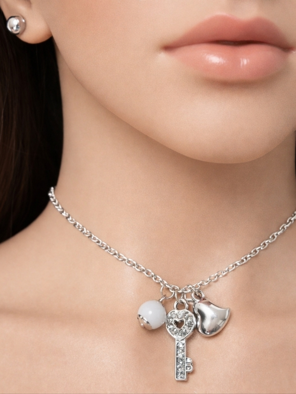 Silver Key, Heart & Pearl Pendant Necklace with Earrings - Women's Jewelry